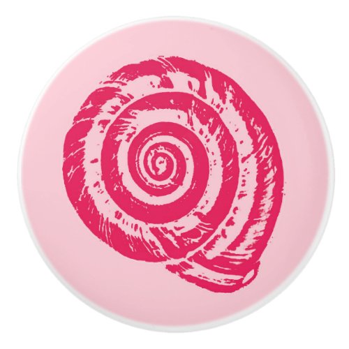 Spiral Seashell Block Print Coral Pink  Fuchsia Ceramic Knob
