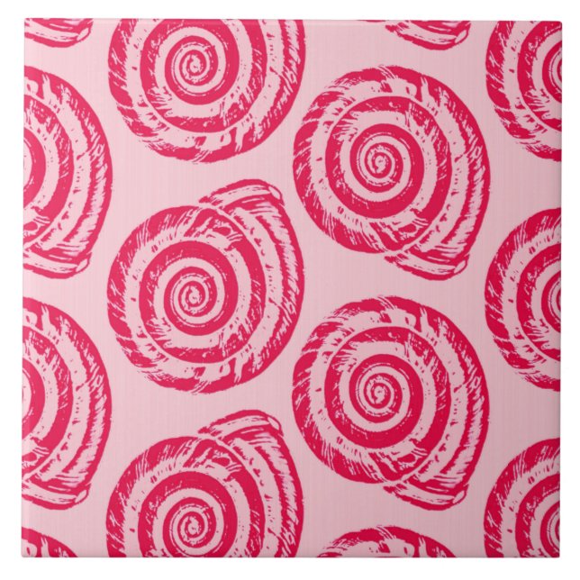 Spiral Seashell Block Print, Coral Pink & Fuchsia Ceramic Tile (Front)