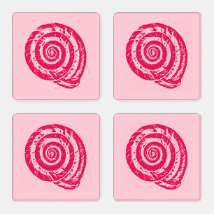 Spiral Seashell Block Print, Coral Pink & Fuchsia  Coaster Set