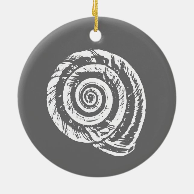 Spiral Seashell Block Print, Gray and White  Ceramic Ornament (Back)