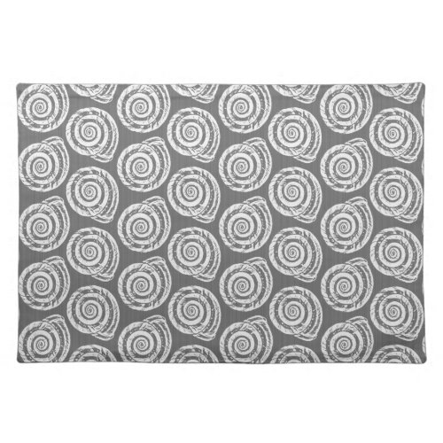 Spiral Seashell Block Print Gray and White Cloth Placemat