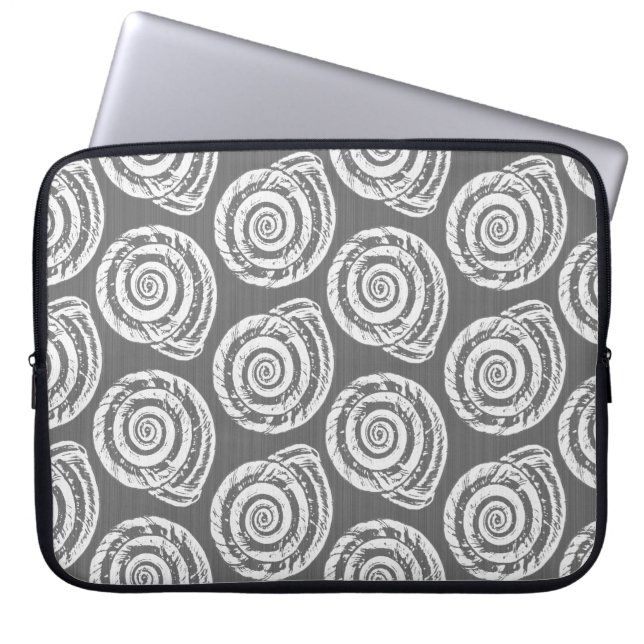 Spiral Seashell Block Print, Gray / Grey and White Laptop Sleeve (Front)