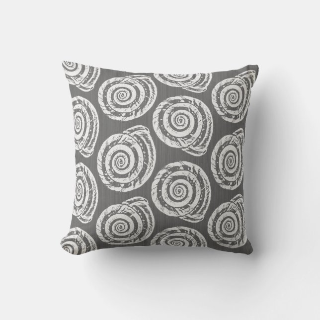 Spiral Seashell Block Print, Gray / Grey and White Throw Pillow (Front)