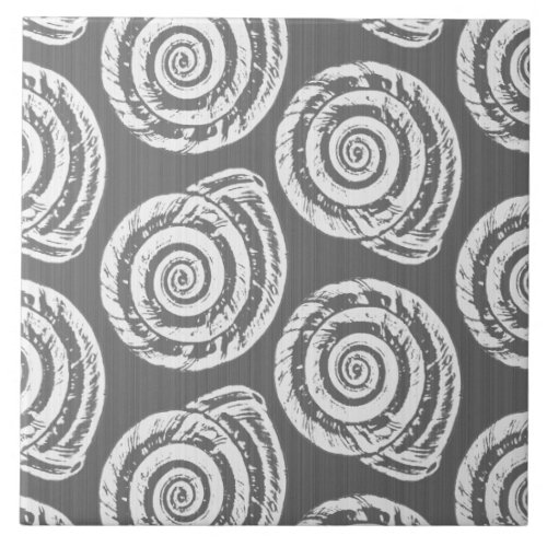 Spiral Seashell Block Print Gray  Grey and White Tile