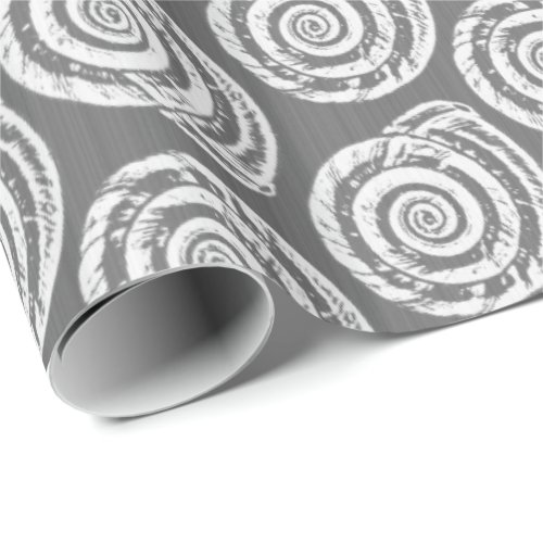 Spiral Seashell Block Print Gray  Grey and White Wrapping Paper