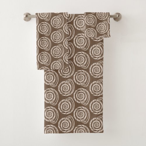 Spiral Seashell Block Print Taupe Tan and Cream Bath Towel Set