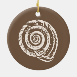 Spiral Seashell Block Print, Taupe Tan and Cream Ceramic Ornament