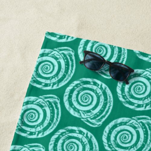 Spiral Seashell Block Print Turquoise and Aqua Beach Towel