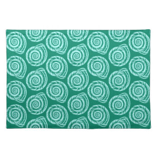 Spiral Seashell Block Print, Turquoise and Aqua Cloth Placemat