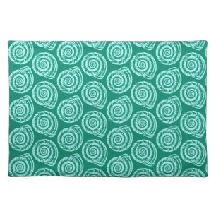 Spiral Seashell Block Print, Turquoise and Aqua Cloth Placemat