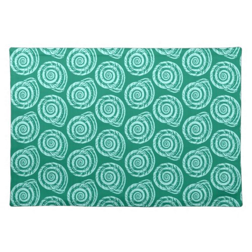 Spiral Seashell Block Print Turquoise and Aqua Cloth Placemat