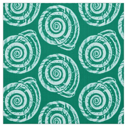 Spiral Seashell Block Print Turquoise and Aqua Fabric