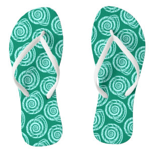 Spiral Seashell Block Print, Turquoise and Aqua Flip Flops