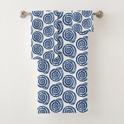 Spiral Seashell Block Print White and Cobalt Blue Bath Towel Set