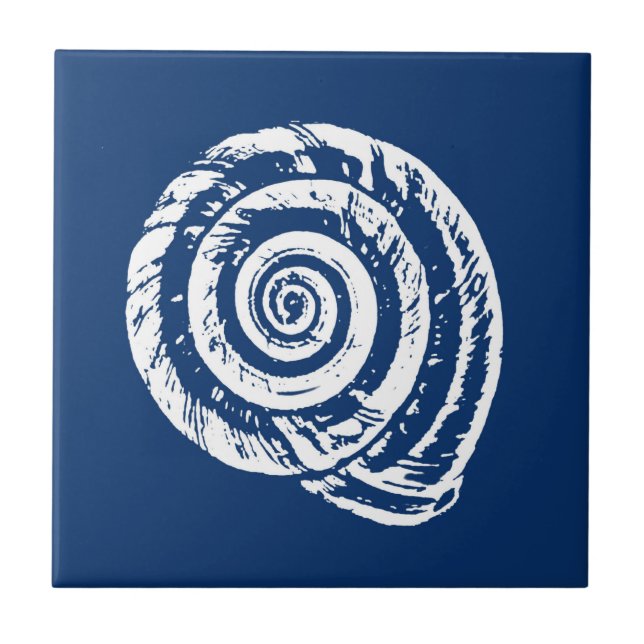 Spiral Seashell, Cobalt Blue and White  Ceramic Tile (Front)