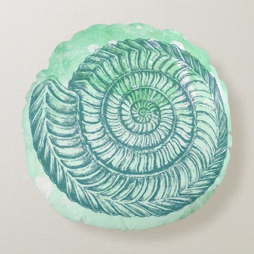 Spiral Shell Blue Watercolor Beach  Round Pillow