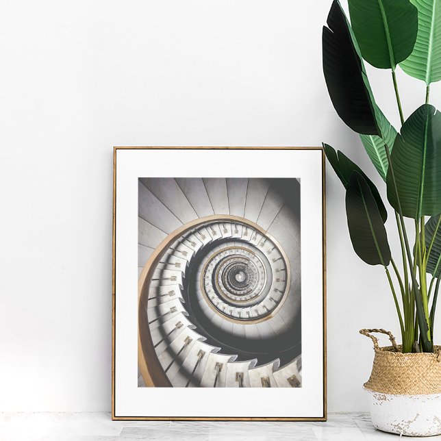 Spiral Staircase Poster (Spiral Staircase Poster in a golden frame with matte next to large boho plant.)