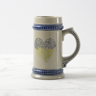 Spiral swirls mehandi heart Ukrainian flag colors Beer Stein