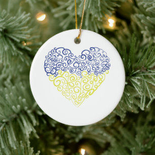 Spiral swirls mehandi heart Ukrainian flag colors Ceramic Ornament