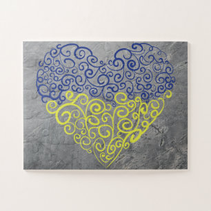 Spiral swirls mehandi heart Ukrainian flag colors Jigsaw Puzzle