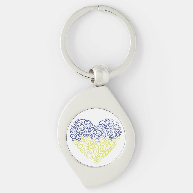Spiral swirls mehandi heart Ukrainian flag colors Keychain (Front)