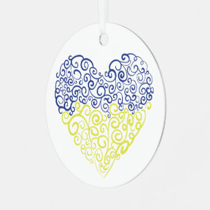 Spiral swirls mehandi heart Ukrainian flag colors Metal Ornament