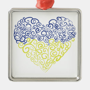 Spiral swirls mehandi heart Ukrainian flag colors Metal Ornament