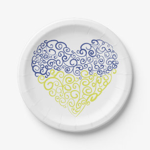 Spiral swirls mehandi heart Ukrainian flag colors Paper Plates