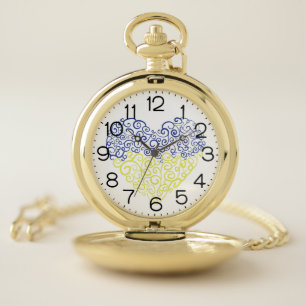 Spiral swirls mehandi heart Ukrainian flag colors Pocket Watch
