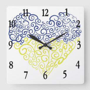 Spiral swirls mehandi heart Ukrainian flag colors Square Wall Clock