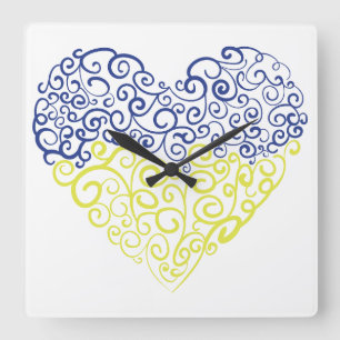 Spiral swirls mehandi heart Ukrainian flag colors Square Wall Clock