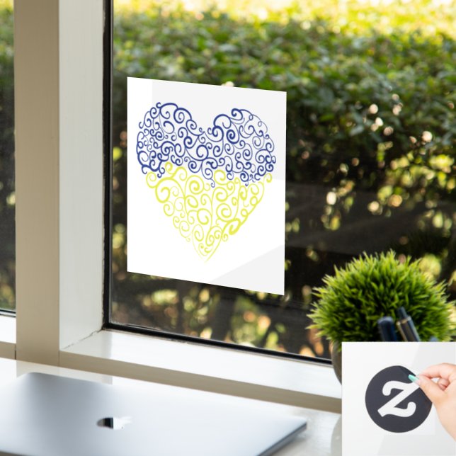 Spiral swirls mehandi heart Ukrainian flag colors Window Cling (Office)