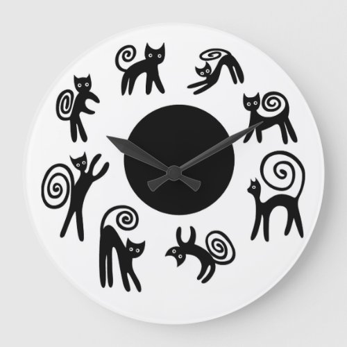 Spiral Tailed Black Kittens Dance Around the Moon Large Clock