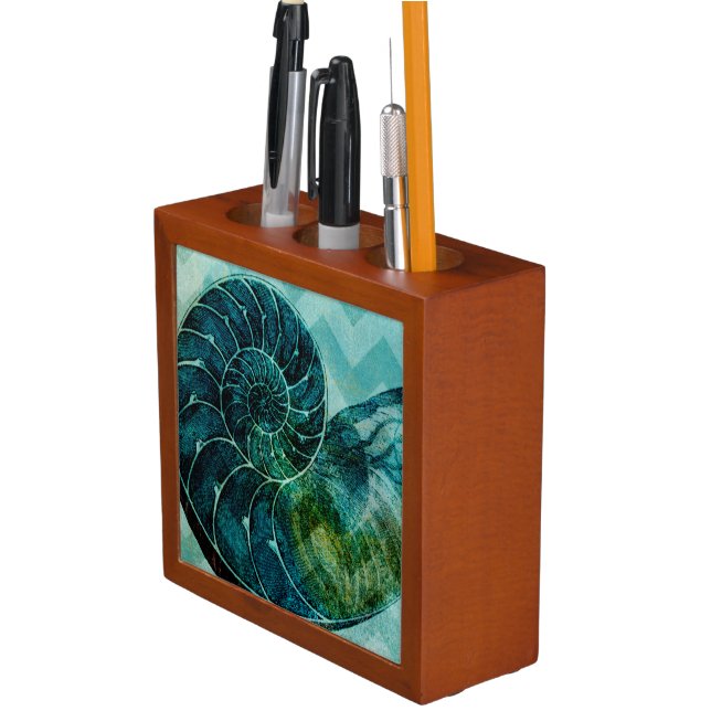 Spiral Turquoise Conch Shell Desk Organizer (In Situ)