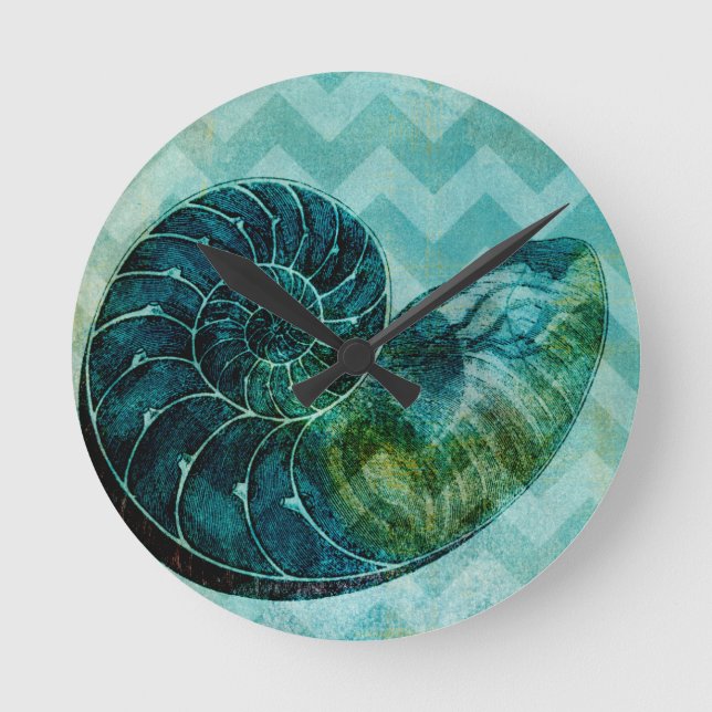 Spiral Turquoise Conch Shell Round Clock (Front)