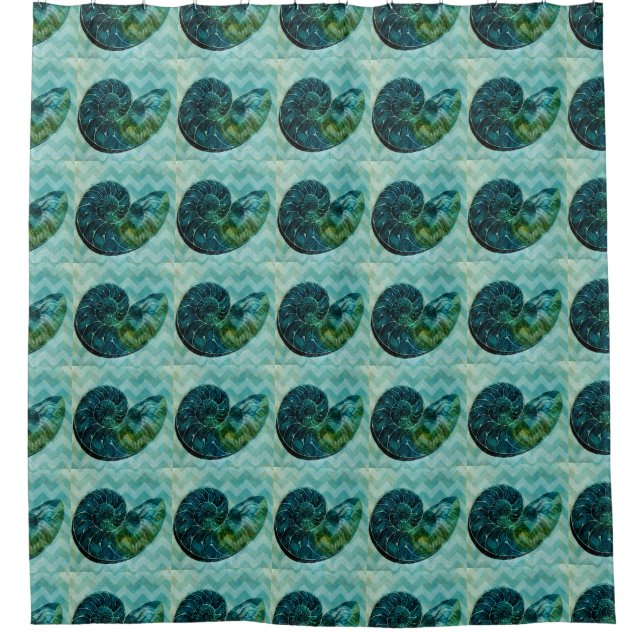 Spiral Turquoise Conch Shell Shower Curtain (Front)