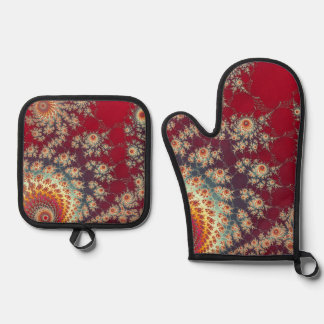 Spiraling Floral Pattern Oven Mitt & Pot Holder Set