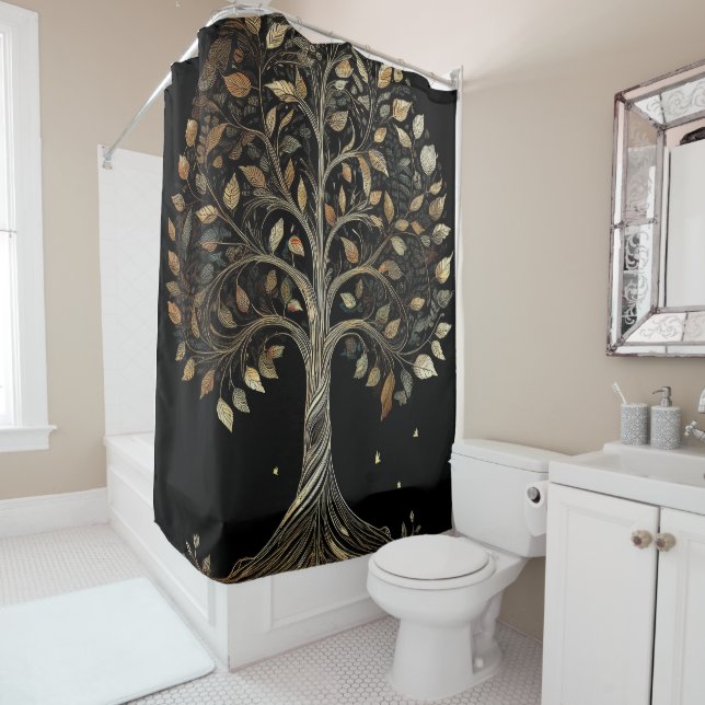 Spiraling Golden Fibonacci Tree Shower Curtain (In Situ)