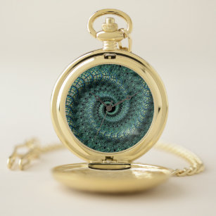 Spiraling Time Teal and Gold Fractal Abstract Pocket Watch