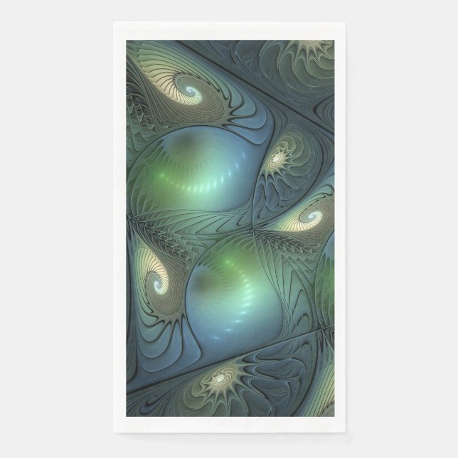 Spirals Beige Green Turquoise Abstract Fractal Art Paper Guest Towels (Front)
