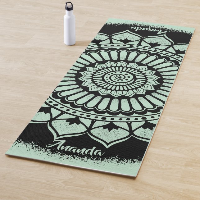 Spirals Dots Flowers Green Black Henna Mandala Yoga Mat (In Situ)