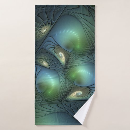 Spirals Teal Beige Green Abstract Fractal Art Bath Towel