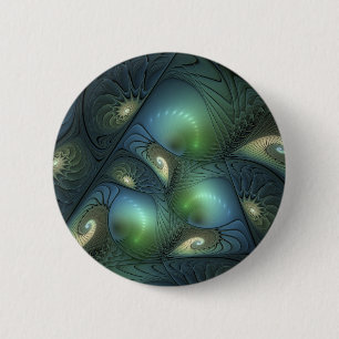 Spirals Teal Beige Green Abstract Fractal Art Button