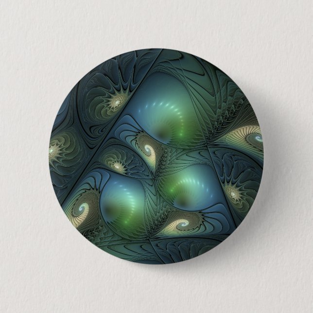 Spirals Teal Beige Green Abstract Fractal Art Button (Front)
