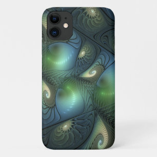 Spirals Teal Beige Green Abstract Fractal Art iPhone 11 Case