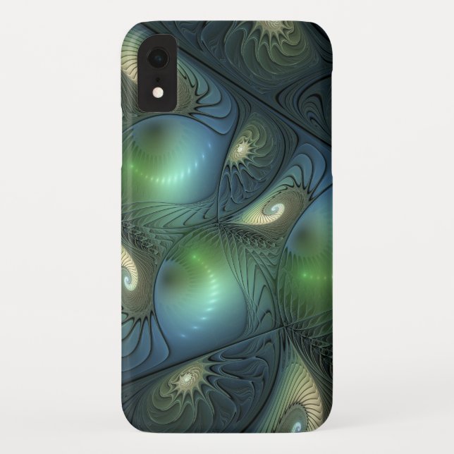Spirals Teal Beige Green Abstract Fractal Art Case-Mate iPhone Case (Back)