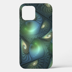 Spirals Teal Beige Green Abstract Fractal Art iPhone 12 Case