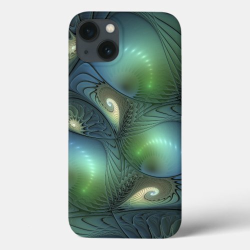 Spirals Teal Beige Green Abstract Fractal Art iPhone 13 Case