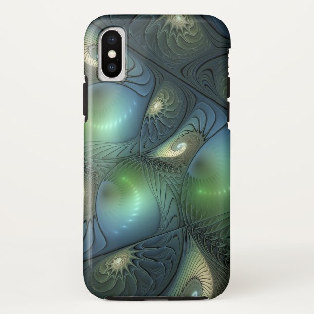 Spirals Teal Beige Green Abstract Fractal Art Case-Mate iPhone Case (Back)