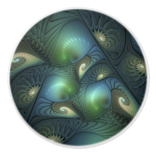 Spirals Teal Beige Green Abstract Fractal Art Ceramic Knob
